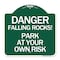 Signmission Danger Falling Rocks!-Park Your Own Risk, Green & White Aluminum Sign, 18" H, GW-1818-24197 A-DES-GW-1818-24197 - alternate 1